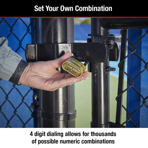 Person holding Gold Four Digit Combination Padlock Set For Indoor And Outdoor Security on metal gate
