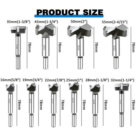 Heavy Duty 10 Piece Forstner Drill Bit Set Dead On Sharp Carbide Tipped No Sweat Drilling Hole Saw Kit dimensions and sizes.