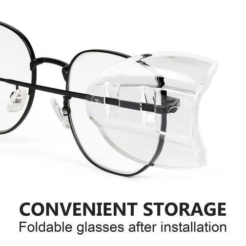 Slip On Clear Side Shields For Prescription Glasses, Soft TPU Cushioned Eyewear Protectors attached to glasses, close-up view