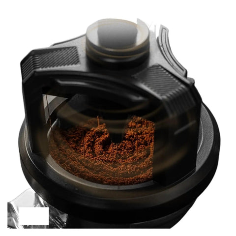 Automatic Rotating Wdt Tool Espresso Needle Distributor Anti Clumping Coffee Grinder Accessory 53 Mm showing ground coffee preparation process.