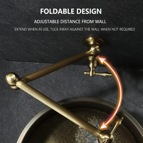 ZBSAVFM Foldable Wall Mount Kitchen Faucet Brass Construction 720° Rotating Extendable Design Easy Installation Over Stove Perfect for Sink Use showing foldable spout and adjustable mount.