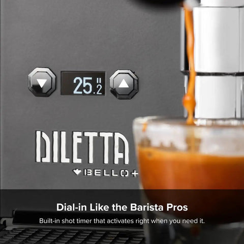 Close-up of Bello+ Espresso Machine And Eureka Mignon Specialita Grinder Bundle in white with PID temperature control display.