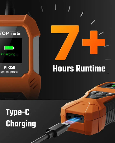Rechargeable Gas Leak Detector With 10 Inch Goose Neck And Fast Active Sampling Fan in orange housing, Type-C charging shown