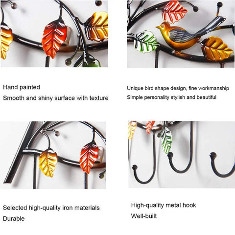 Heavy Duty Wall Mounted Entryway Coat Rack With Seven Nifty Hooks Solid For Long Coats Big Handbags And Daily Keys with colorful leaves and bird design.