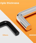 Comparison of two metal rods showing thickness difference, with "Others" in black and "MENEONE" in silver, labeled "Triple thickness."