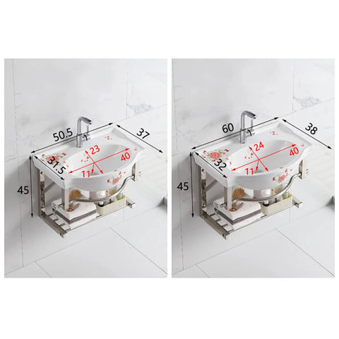 Sink Corner, Wall Hung Porcelain Ceramic Sink, Wall Mounted Bathroom Vessel Sink with Towel Rack, 50.5x37cm dimensions displayed.