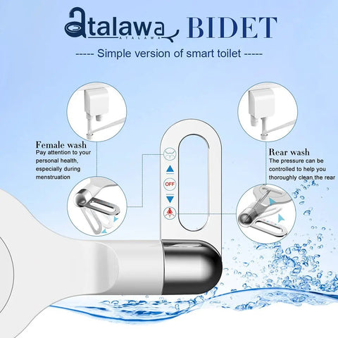Diagram showing Ultra Slim Bidet Seat Attachment With Self Cleaning Dual Nozzles Non Electric Fresh Water Spray for wash options.