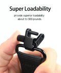 Close-up of Two Point Crossbow Sling Attachments Mounts With Three Swivels All Metal No Plastic Easy Install Traditional Sling Setup Black Finish in hand.