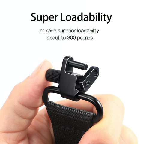 Close-up of Two Point Crossbow Sling Attachments Mounts With Three Swivels All Metal No Plastic Easy Install Traditional Sling Setup Black Finish in hand.
