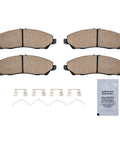 HUSCH D1723 front ceramic brake pad kit with four pads, hardware clips, and grease packet
