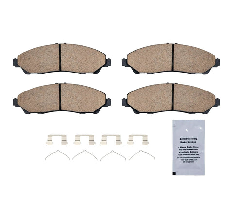 HUSCH D1723 front ceramic brake pad kit with four pads, hardware clips, and grease packet