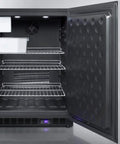 Slick Stainless Steel Under Counter Upright Freezer With Built In Ice Maker And No Sweat Frost Free Design displaying interior shelves and digital controls.