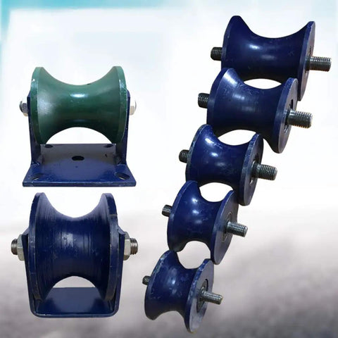 Solid As A Rock Heavy Duty Cast Iron Sliding Gate Roller With Reinforced Bracket showing five inch U groove tracking wheels.
