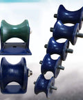 Badass Heavy Duty U Groove Sliding Gate Track Roller With Cast Iron Barn Door Caster And Steel Mounting Bracket Smooth Rolling Hardware For Inverted Tracks Industrial Wheels And Wire Rope Rails, set of blue and green rollers.
