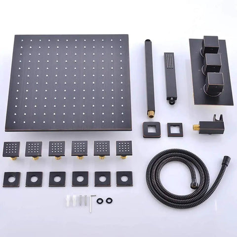 Top Tier Thermostatic Shower Combo Featuring Slick Concealed Mount Lcd Temperature Display Ceiling Rainfall Head And Smooth Handheld Sprayer For Zero Stress Daily Showers, various components laid out.