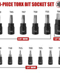 13 Piece Torx Bit Socket Set For 1/4 Inch, 3/8 Inch, And 1/2 Inch Drives T8 To T60 With S2 Steel Bits displayed vertically