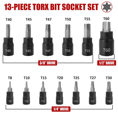 13 Piece Torx Bit Socket Set For 1/4 Inch, 3/8 Inch, And 1/2 Inch Drives T8 To T60 With S2 Steel Bits displayed vertically