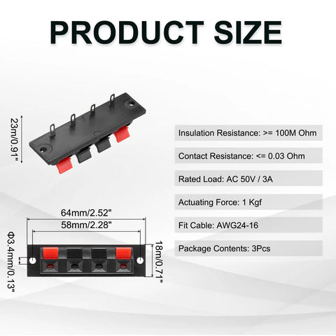 Four Way Spring Terminal Clip Push Release Connector Plate For Speaker Jacks And Diy Audio Upgrades Terminal Strip Block With Red Black Polarity 64mm Length 58mm Mounting Hole Distance 3.4mm Holes 2 Pack WP4 7, showing dimensions and specifications.