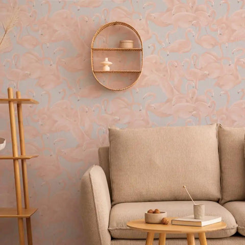 Living room with Cheeky Pink Flamingo Peel And Stick Wallpaper Two Pack 20.5 Inch By 16.5 Foot Removable Self Adhesive DIY Friendly