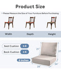 Illustration showing 8-Piece Thick 6 Inch Outdoor Cushion Set For Patio Furniture, includes seat and back cushion dimensions.