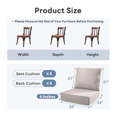 Illustration showing 8-Piece Thick 6 Inch Outdoor Cushion Set For Patio Furniture, includes seat and back cushion dimensions.