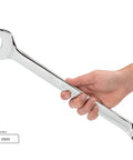 Person holding 32 mm wrench from 8 Piece Metric Combination Wrench Set 25 To 32 mm With Angled Open End For Tight Spaces And Double Engagement