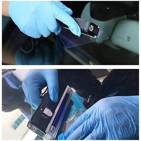 Portable UV Curing Light For Car Windshield And Glass Repair, Mini UV Lamp with long life bulb being used on windshield.