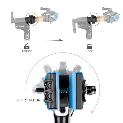Close-up of Two Leg Bike Repair Stand For Home Mechanics clamp with 360° rotation, showing lock and release mechanism