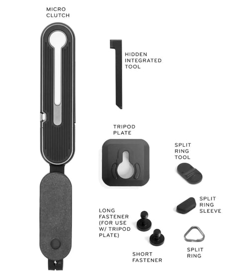 Micro Clutch I Plate Hand Strap For Mirrorless Cameras components with ARCA baseplate, fasteners, and hidden tool in black.