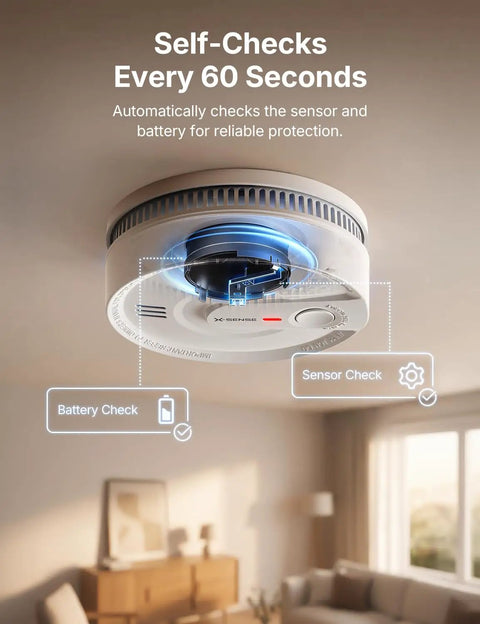 Wireless Interconnected Smoke Detectors 10 Year Battery 6 Pack showing sensor self-check feature in home setting.