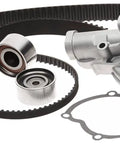 Reliable Timing Belt And Water Pump Service Kit OEM With Factory Direct Fitment Ensuring Smooth Engine Operation And Auto Work Guaranteed Quality Parts For Your Car Driving Saving You Big Dough On Mechanic Bills Today No Compromise Or Hassle. timing belt kit, water pump, pulleys, gasket, and O-ring on white background