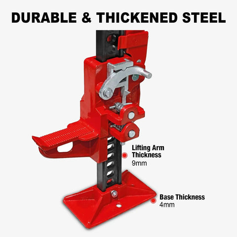 Beefy 48 Inch Ratcheting Off Road Utility Farm Jack, 3 Ton Capacity, red finish, close-up showing lifting arm and base thickness.