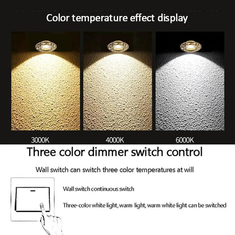 Sleek Set Of 12 Premium 3.8 Inch Brass LED Recessed Can Lights, Dimmable Gold Adjustable COB Downlights For Living Room showing 3000K, 4000K, and 6000K color temperatures.