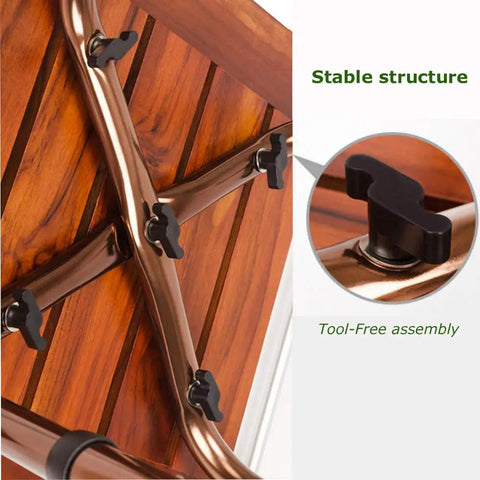 Teak Wood Bath Shower Stool with non slip feet and adjustable height assembly details, focusing on sturdy frame and grippy handles.