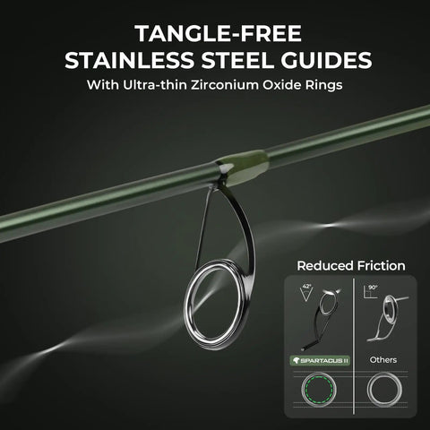 Detail of Spartacus II Spinning Fishing Rod with tangle-free stainless steel guides and zirconium oxide rings