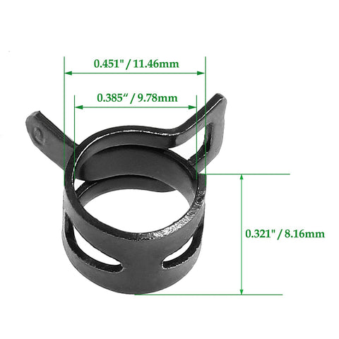 Black 10mm ID spring band clamp with measurements, part of 40 Pcs Two Fifth Inch ID Spring Band Type Clamps Black Hose Clips For Fuel Lines Water Pipes Air Tubes And Silicone Hoses Durable Seals Built To Withstand High Vibration And Temperature Swings Rock Solid And Ready For Real World Use
