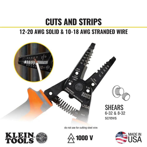 Insulated Kurve Wire Stripper Cutter 11055RINS 1000V Rated Tool cutting wire, showing 10-18 solid and 12-20 stranded AWG markings