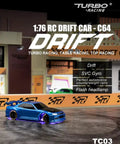 1 To 76 Scale RC Sport Car Turbo Racing Mini Model For Tabletop Fun Full Proportional RTR Kit With LED Headlights Realistic Rubber Tires Two Channel Steering Ultra Detailed Body Limited Edition Blue C64 displayed on a track