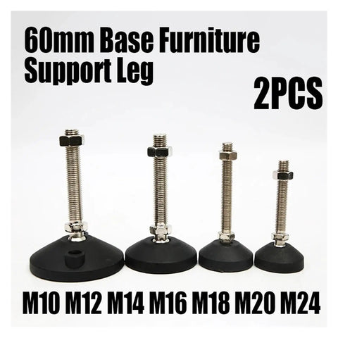 Heavy Duty Leveling Feet 2 Pack With 60mm Base Adjustable Furniture Legs M10 M12 M16 M20 M24, shown with support legs