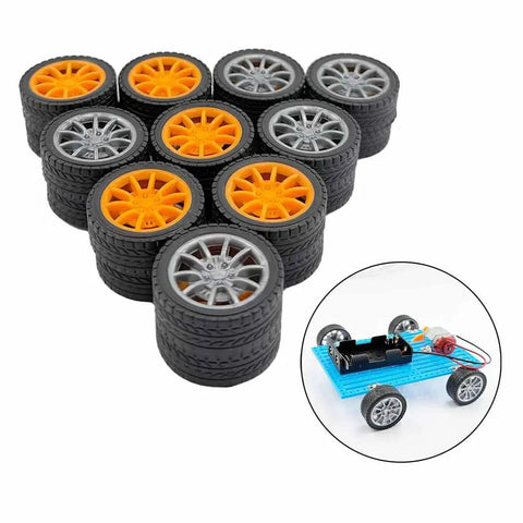 Stack of rubber toy wheels with two styles for Twenty Piece Toy Wheel Set With 2mm Shaft Holes For DIY RC Cars Trucks Helicopters And Robots