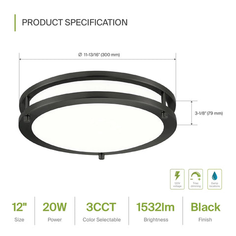 Bright 12 Inch Round Flush Mount LED Ceiling Light With 3 CCT Dimmable Modes, Energy Star, ETL Listed, Low Profile Black Double Ring Fixture