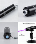 Three Head Purple Laser Level With 2M Charger And 405nm Cross And Linear Laser Generator Rechargeable Alignment Tool in black aluminum casing on adjustable mount