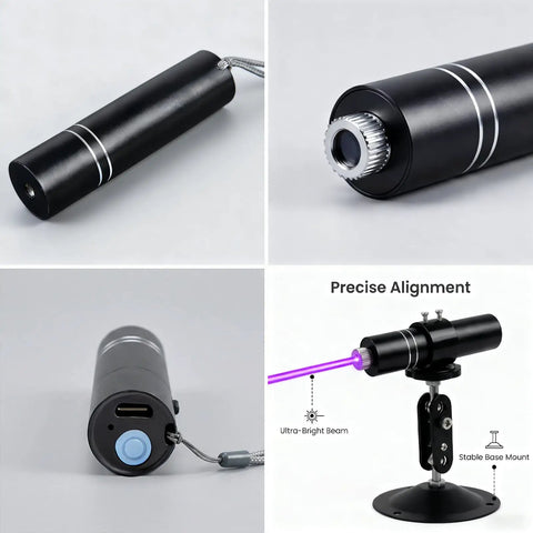 Three Head Purple Laser Level With 2M Charger And 405nm Cross And Linear Laser Generator Rechargeable Alignment Tool in black aluminum casing on adjustable mount