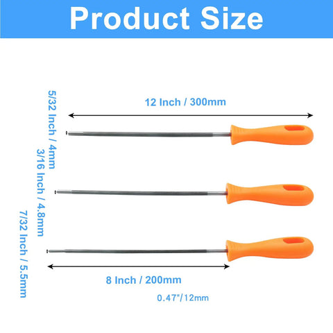 Three Pack Chainsaw Chain Sharpening File Set With Round Sharpener Rods In 5/32 3/16 And 7/32 Inch Sizes Pro Grade Steel File Tool