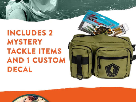 Mystery Tackle Box Pond Prowler Sling Fishing Lure Kit Green Sling Pack with multispecies bait and decal.