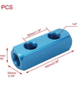 Four Pack One Quarter Inch Two Way Five Port Pneumatic Manifold Block Aluminum Air Hose Inline Splitter Kit For Air Compressors With Quick Connect Fittings Blue, single blue block dimensions shown