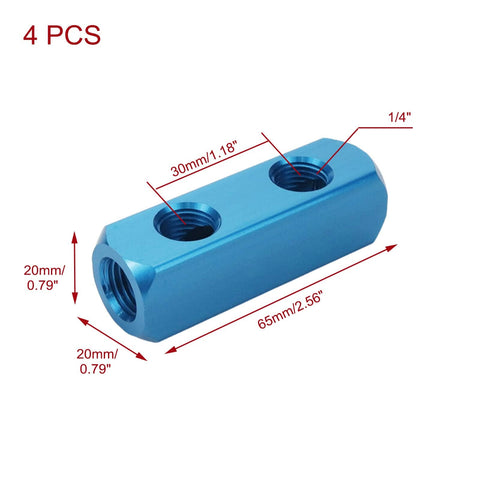 Four Pack One Quarter Inch Two Way Five Port Pneumatic Manifold Block Aluminum Air Hose Inline Splitter Kit For Air Compressors With Quick Connect Fittings Blue, single blue block dimensions shown