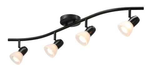 Four Light Modern Black Curved Kitchen Track Ceiling Light Fixtures With Adjustable Heads And Alabaster Glass In Matte Black Finish