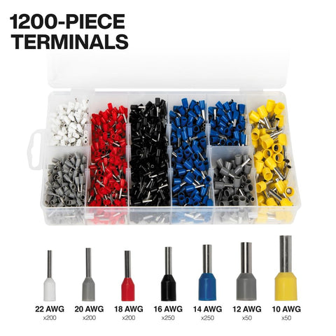 1200 wire terminals in various colors and sizes for Ratcheting Ferrule Crimping Tool Set with Square Crimper Pliers, 10 to 22 AWG.