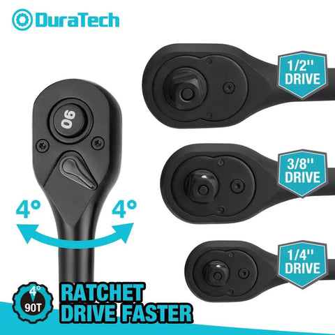 Three Piece Drive Ratchet Set With One Quarter Inch Three Eighth Inch And One Half Inch Drives Ninety Tooth Quick Release Reversible Cr V Steel
